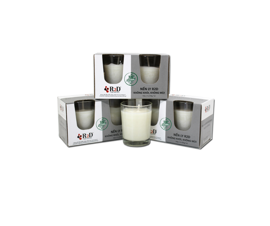 COM BO 3 HỘP NẾN KHÔNG KHÓI TRẮNG ĐẾN TỪ THƯƠNG HIỆU R2D, LÀM TỪ SÁP CỌ, DẦU DỪA, TINH DẦU, THÀNH PHẦN TỰ NHIÊN, LÀNH TÍNH.