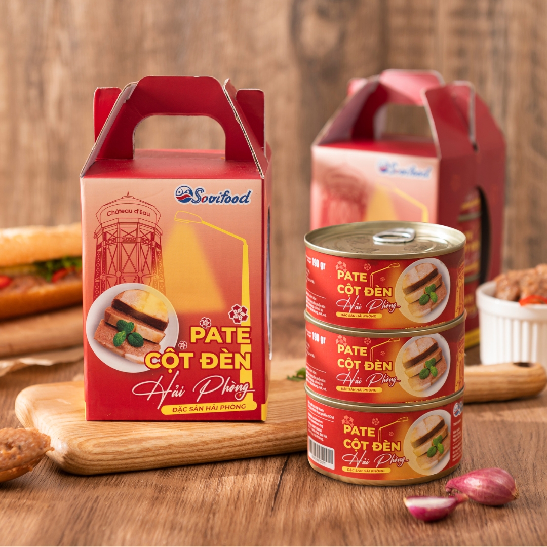 Xách Hộp Quà 3 Lon - Pate Cột Đèn Hải Phòng Sovifood - Nhiều Thịt, Ít Gan – 570G