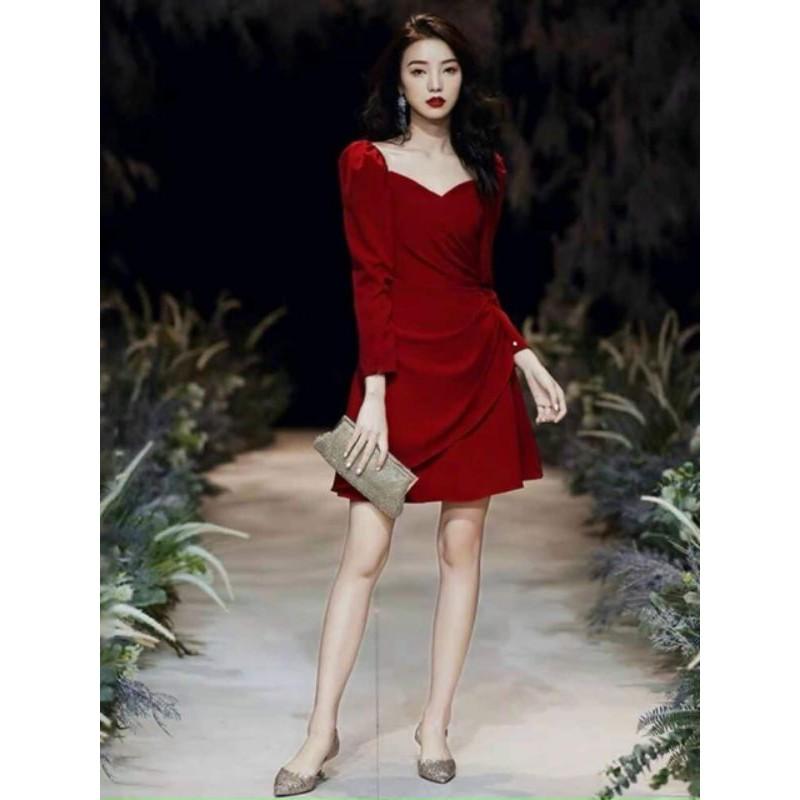 Đầm váy nữ đỏ xếp li eo dài tay TKN