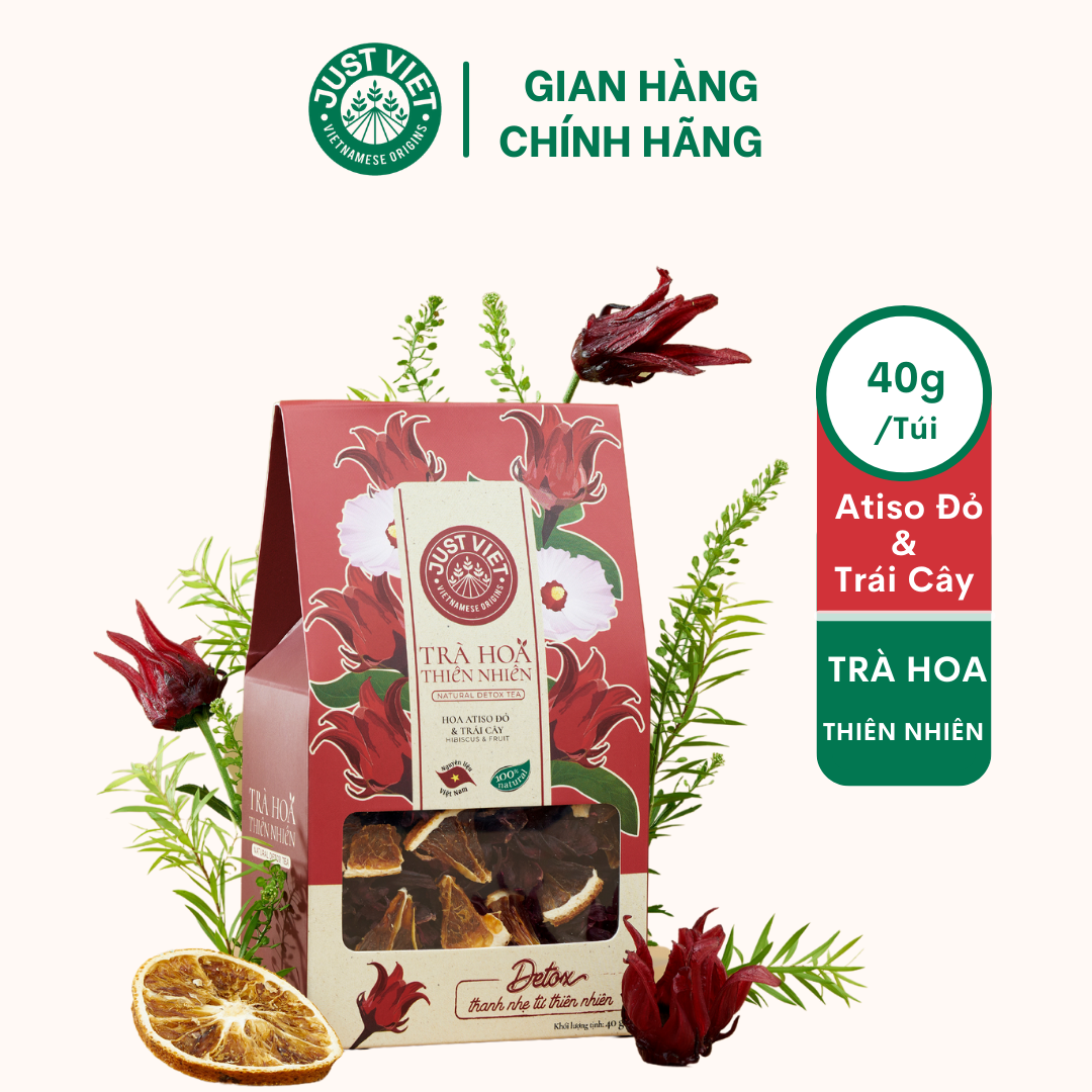 Trà Hoa Thiên Nhiên Detox Just Viet - Hoa Atiso Đỏ &amp; Trái Cây Sấy - Thanh Lọc - Tốt Cho Sức Khỏe