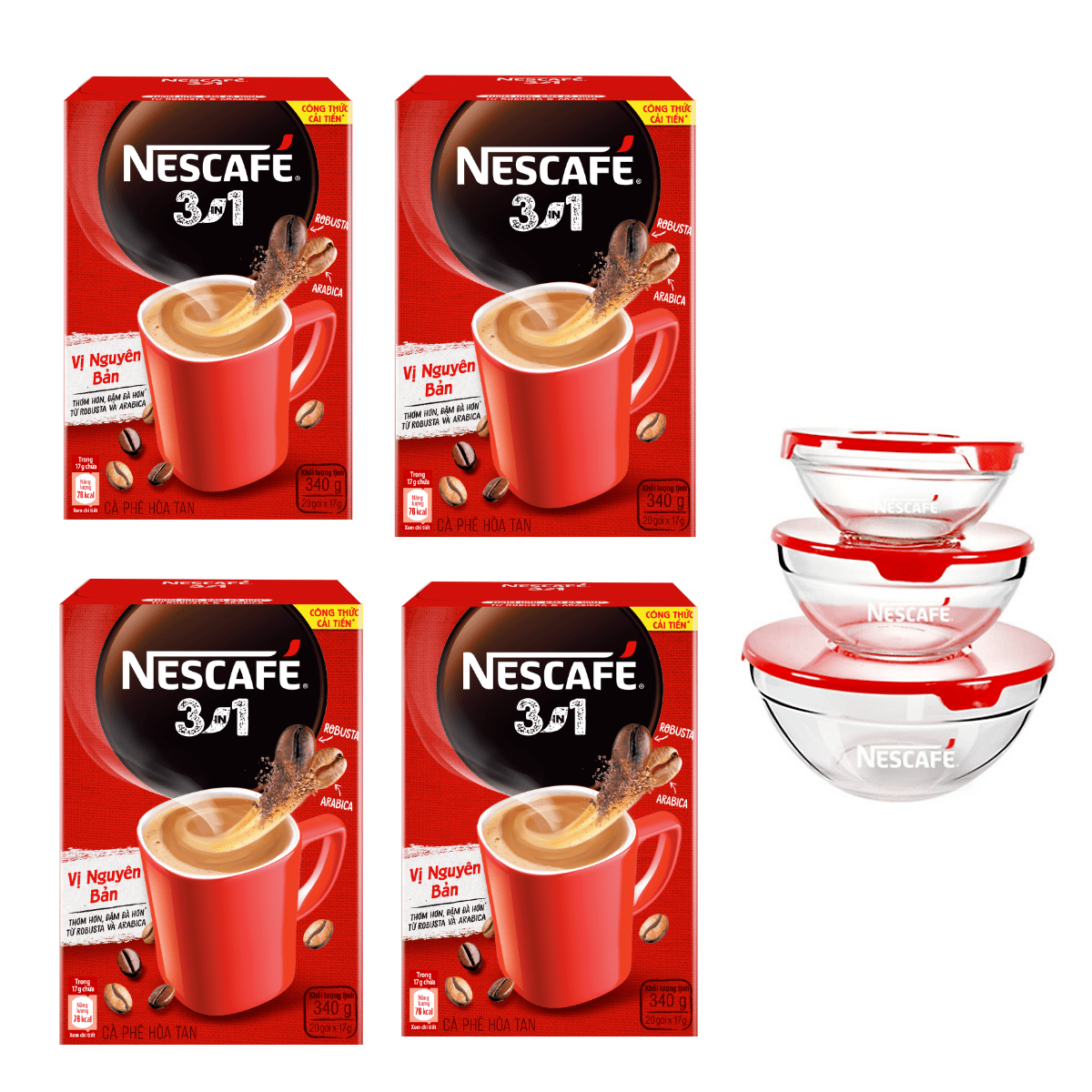 Combo 4 hộp cà phê rang xay hòa tan Nescafé 3in1 Vị Nguyên Bản (Hộp 20 gói x 17g) [Bộ 3 thố thủy tinh Nescafe]