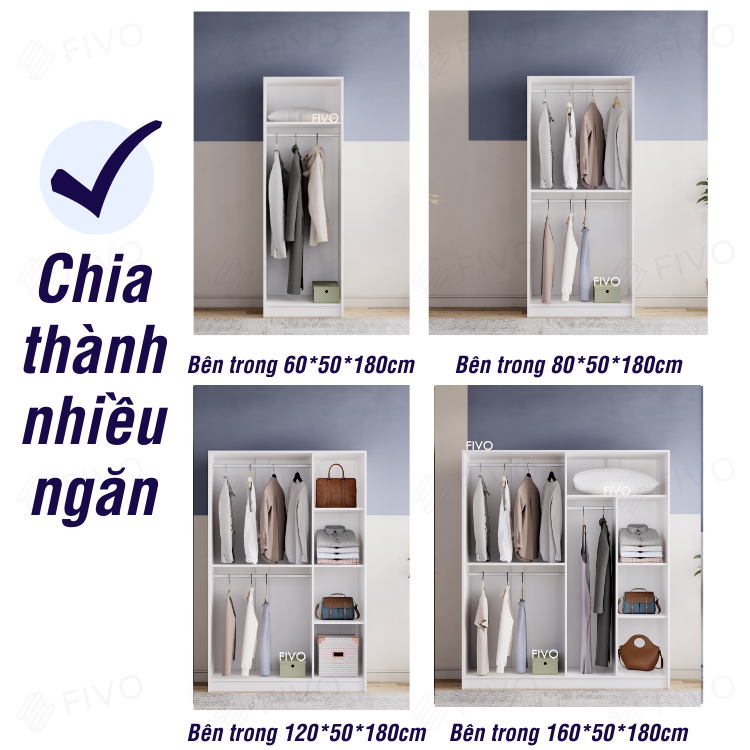 Tủ Đựng Quần Áo Gỗ Màu Trắng MDF Lõi Xanh Chống Ẩm Dày 17mm FIVO FC01 Cửa Mở Thiết Kế Nhiều Ngăn Dễ Dàng Lắp Ráp