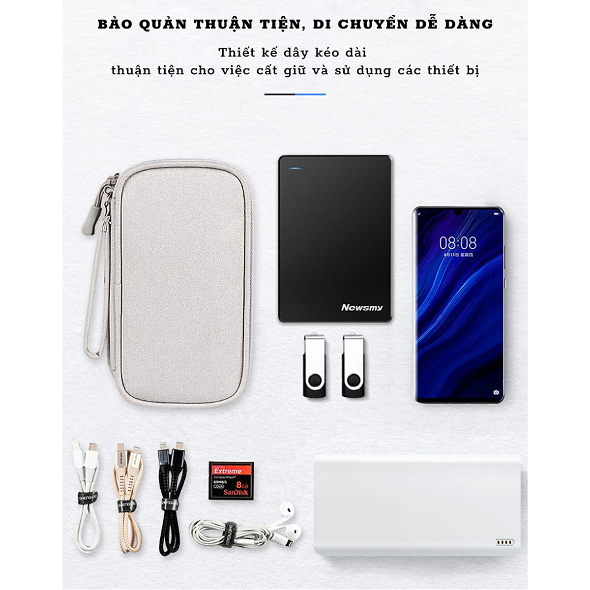 Túi Đựng Phụ Kiện Công Nghệ, Pin Sạc Dự Phòng, Điện Thoại, Cáp Sạc USB, Tai Nghe - Có Quai Cầm, Chống Nước, Nhiều Màu-Dru-hàng chính hãng