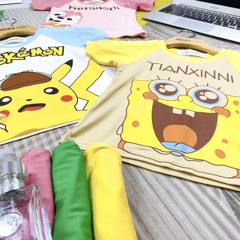Bộ cộc tay thun lạnh tay ráp lăng in hoạt hình Minky Mom cho bé trai bé gái từ 5-19kg