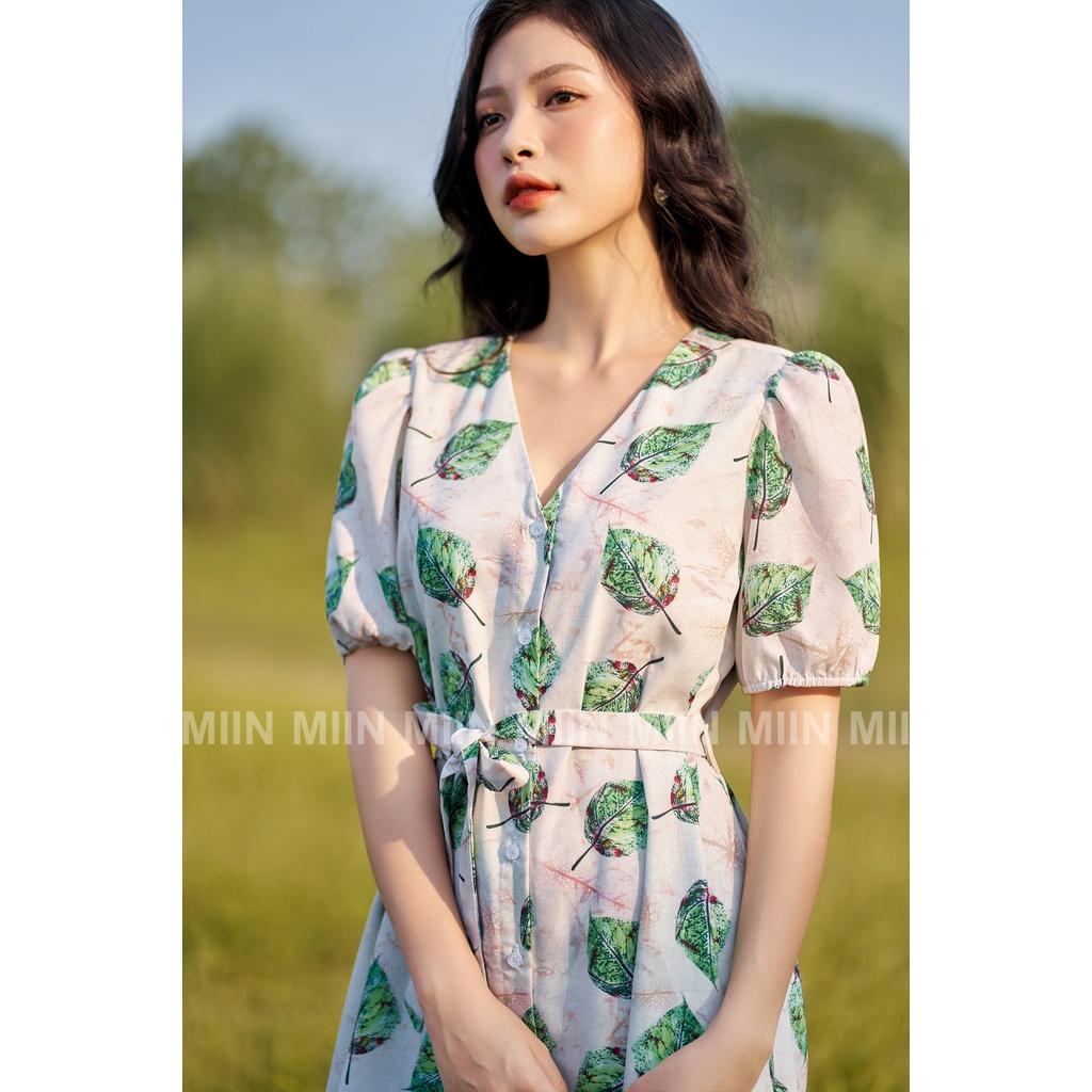 D00579 - Đầm thiết kế cao cấp dáng suông cổ tim hoạ tiết lá Miu Store