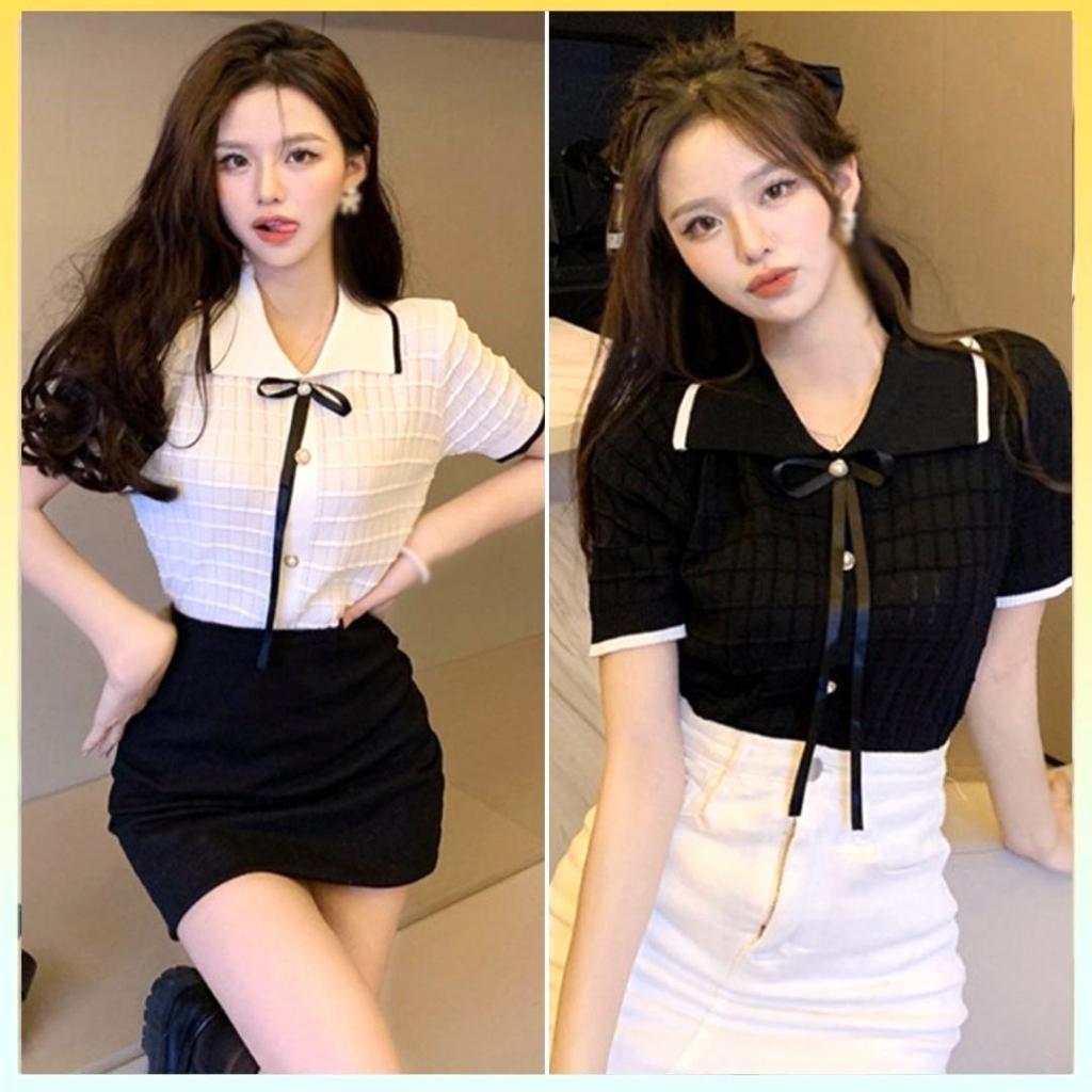 Áo len nữ Montoghi dệt kim Quảng Châu KÈM NƠ NHỎ gân ô cổ bẻ phối viền cộc tay điệu đà