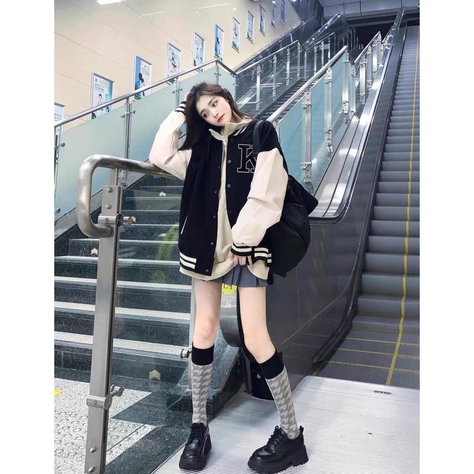 Áo Khoác Bomber Nỉ Bông Nam Nữ Form Rộng Unisex Dày Mịn Phối 2 Màu Trắng Đen, Áo khoác form rộng 2 lớp phong cách Hàn Quốc