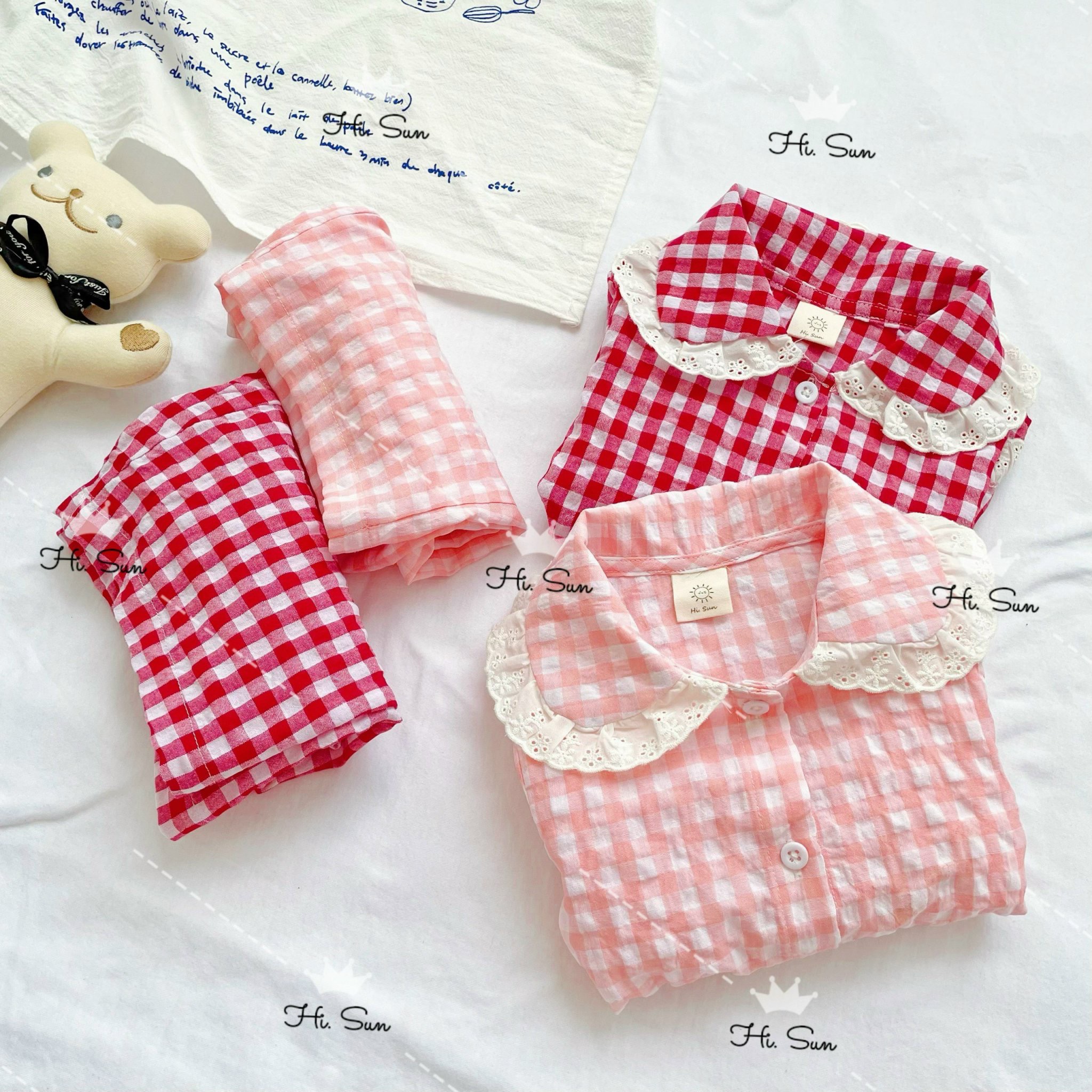 (11-40kg) Bộ ngủ bé gái Pijama cute kẻ caro