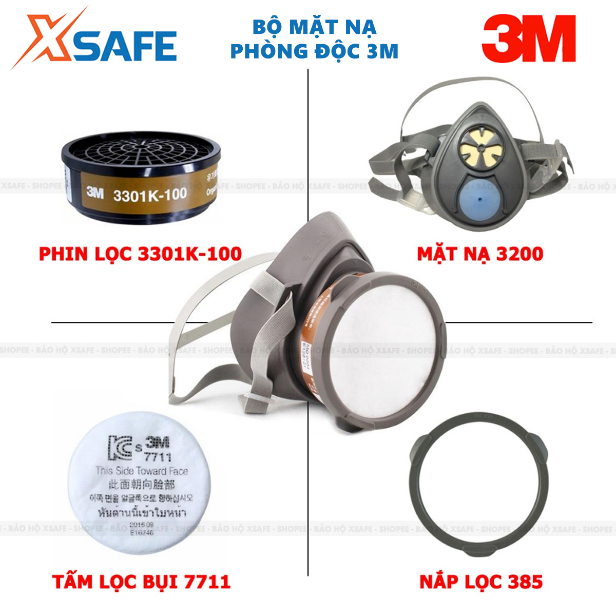 Bộ mặt nạ phòng độc 3M 3200-3301K-7711-385 (4 món) - Mặt nạ chống độc, bụi - Dùng phun sơn, phun xịt hóa chất