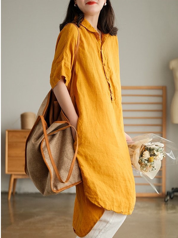 Hình ảnh Đầm sơ mi Hàn Quốc vải đũi mềm tay ngắn váy cổ Polo xinh nhiều màu lựa chọn Đũi Việt