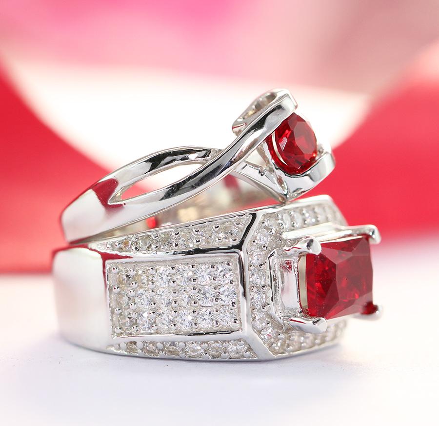 Nhẫn đôi bạc nhẫn cặp bạc đẹp đính đá đỏ sang trọng ND0297
