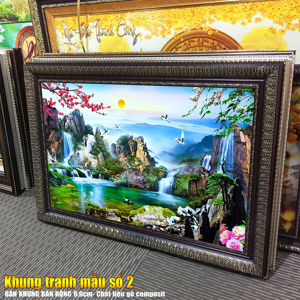 Tranh treo tường phòng khách, phòng ngủ SƠN THỦY HỮU TÌNH khung gỗ composit chất liệu pvc gương / lụa kim sa. MS:1825L9