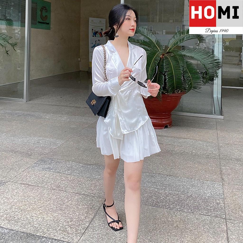 Áo sơ mi lụa cổ vest dây cột eo trắng