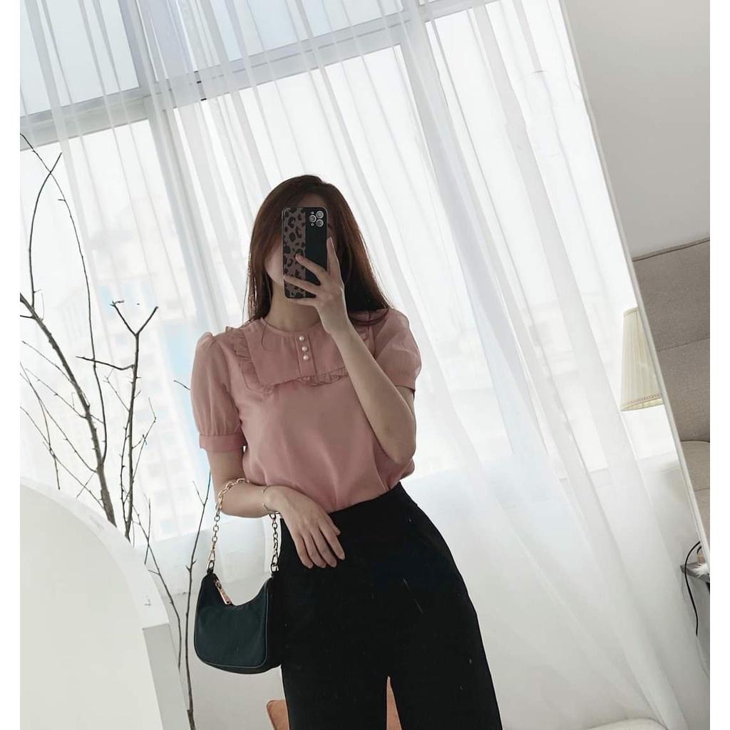 Áo sơ mi nữ công sở thời trang SURI cổ vuông ren ngực ngắn tay phong cách Hàn Quốc tay lưới -nữ tính.
