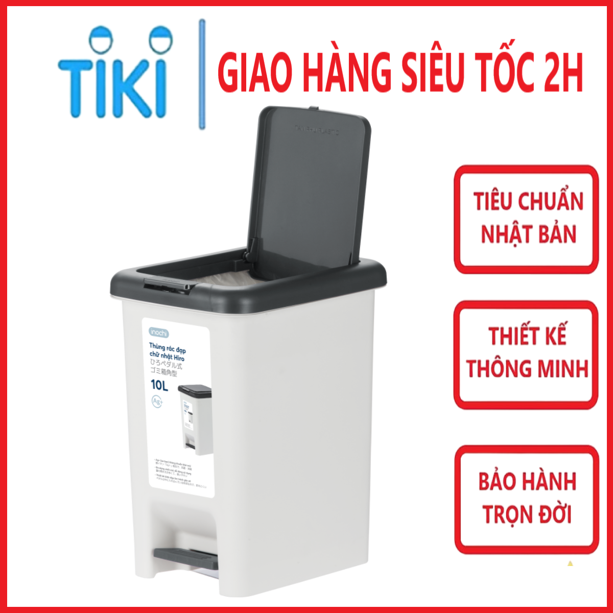 Thùng Rác Nhựa Cao Cấp Đạp Chân Nắp Đậy Chữ Nhật Inochi 20 Lít - (252 x 339 x 434 mm)