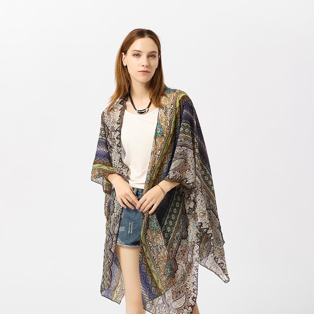 Women's Summer Long Flowy Kimono Cardigans Boho Chiffon Floral Beach Cover Up Tops