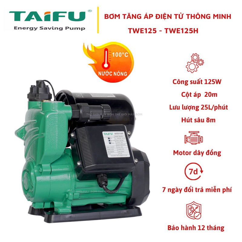 Bơm tăng áp điện tử 125W nước nóng và lạnh, chống cạn, chống cháy thông minh thế hệ mới TAIFU - Bảo hành 1 năm