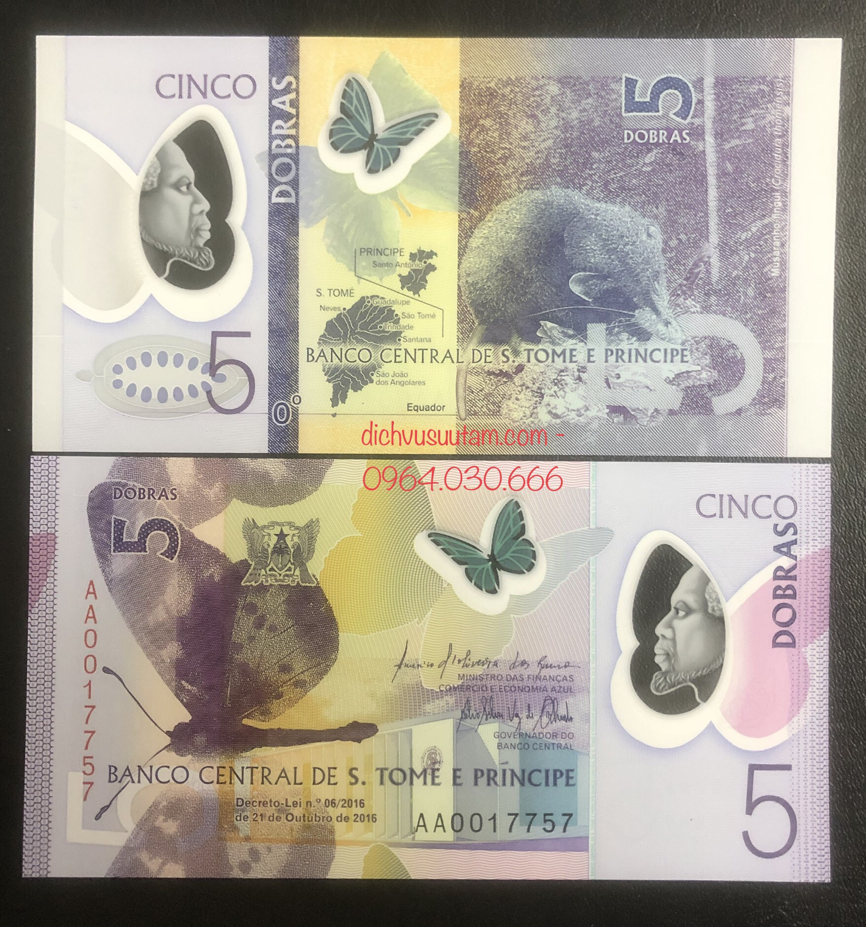 Tiền Sao Tome và Principe 5 dobras polymer hình con Chuột, tuổi Tý sưu tầm