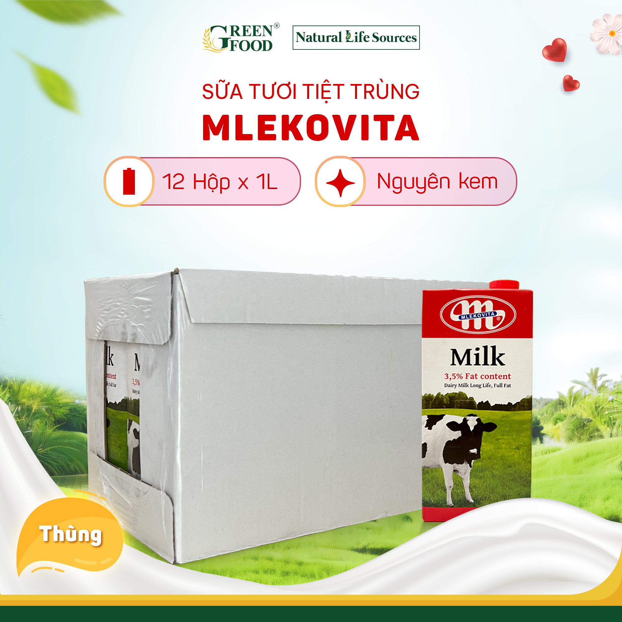 Thùng 12 Hộp Sữa tươi tiệt trùng nguyên kem không đường Mlekovita - Độ béo 3.5% | Hộp 1L, nhập khẩu trực tiếp từ Ba Lan