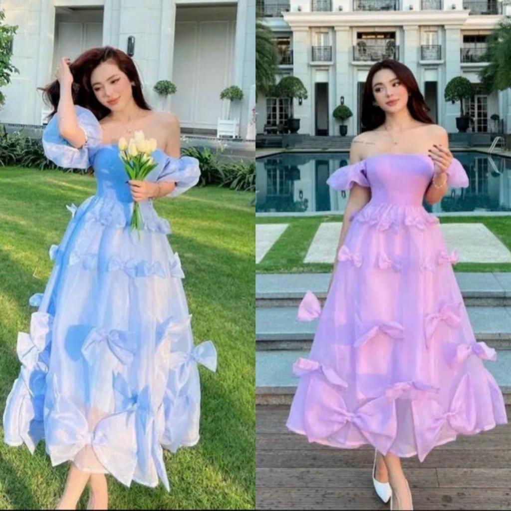 Váy đầm nữ maxi tơ lụa dáng xòe tay bồng phối nơ xinh xắn