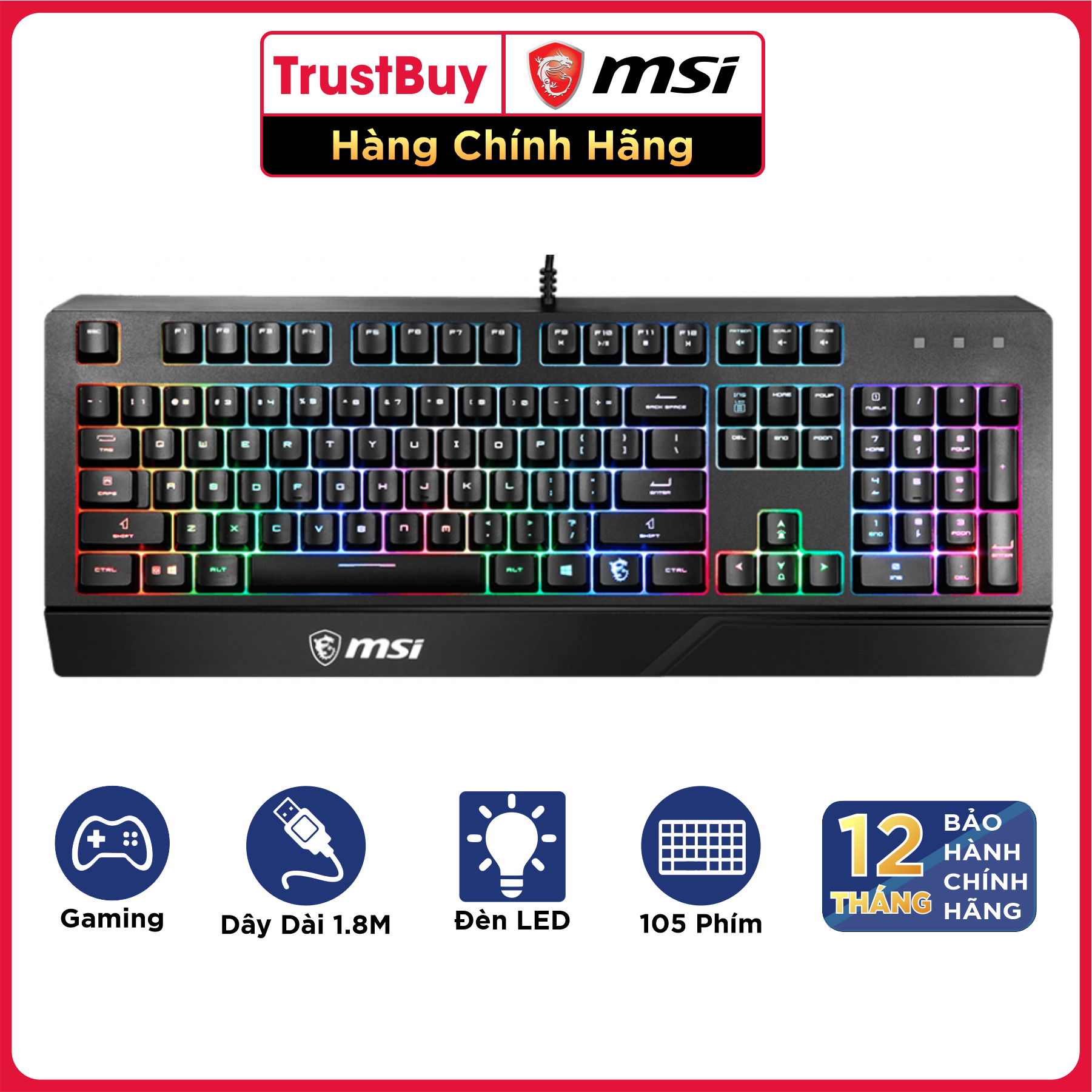 Bàn Phím Gaming MSI Vigor GK20 US Đèn LED RGB, Dây Cắm USB Dài 1.8M - Hàng Chính Hãng