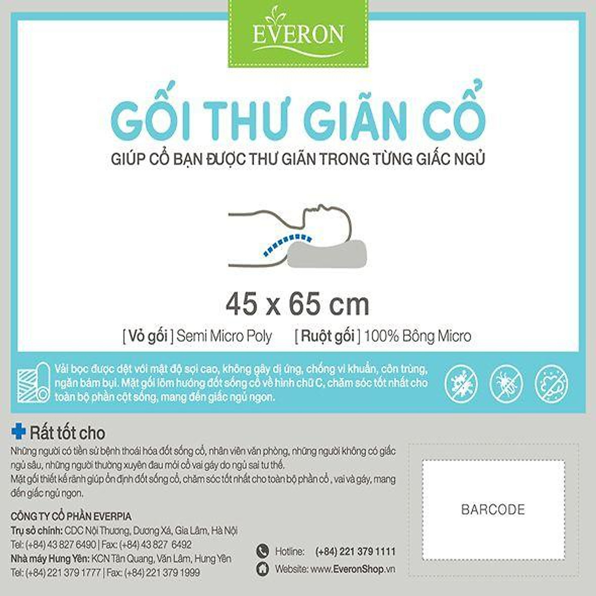 Ruột gối đầu thư giãn cổ 45*65cm EVERON (1 cái)