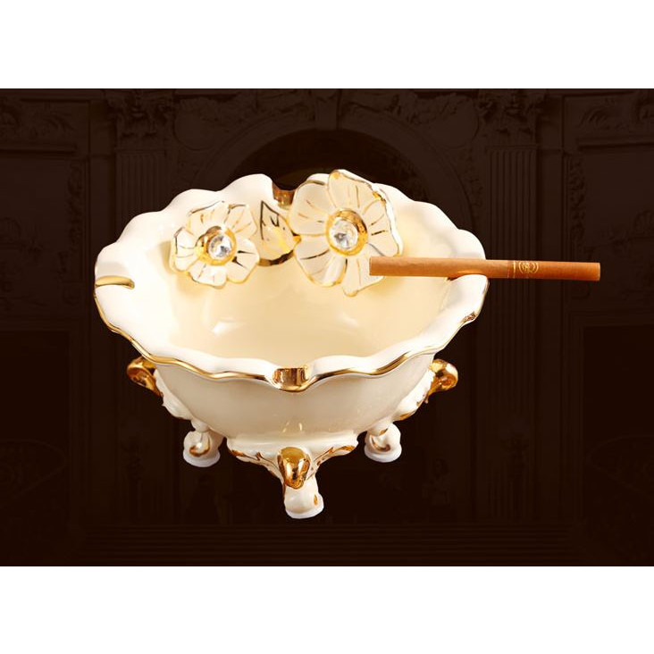 Gạt tàn thuốc bằng sứ cao cấp họa tiết hoa mai vẽ chỉ vàng phong cách tân cổ điển sang trọng, đẳng cấp
