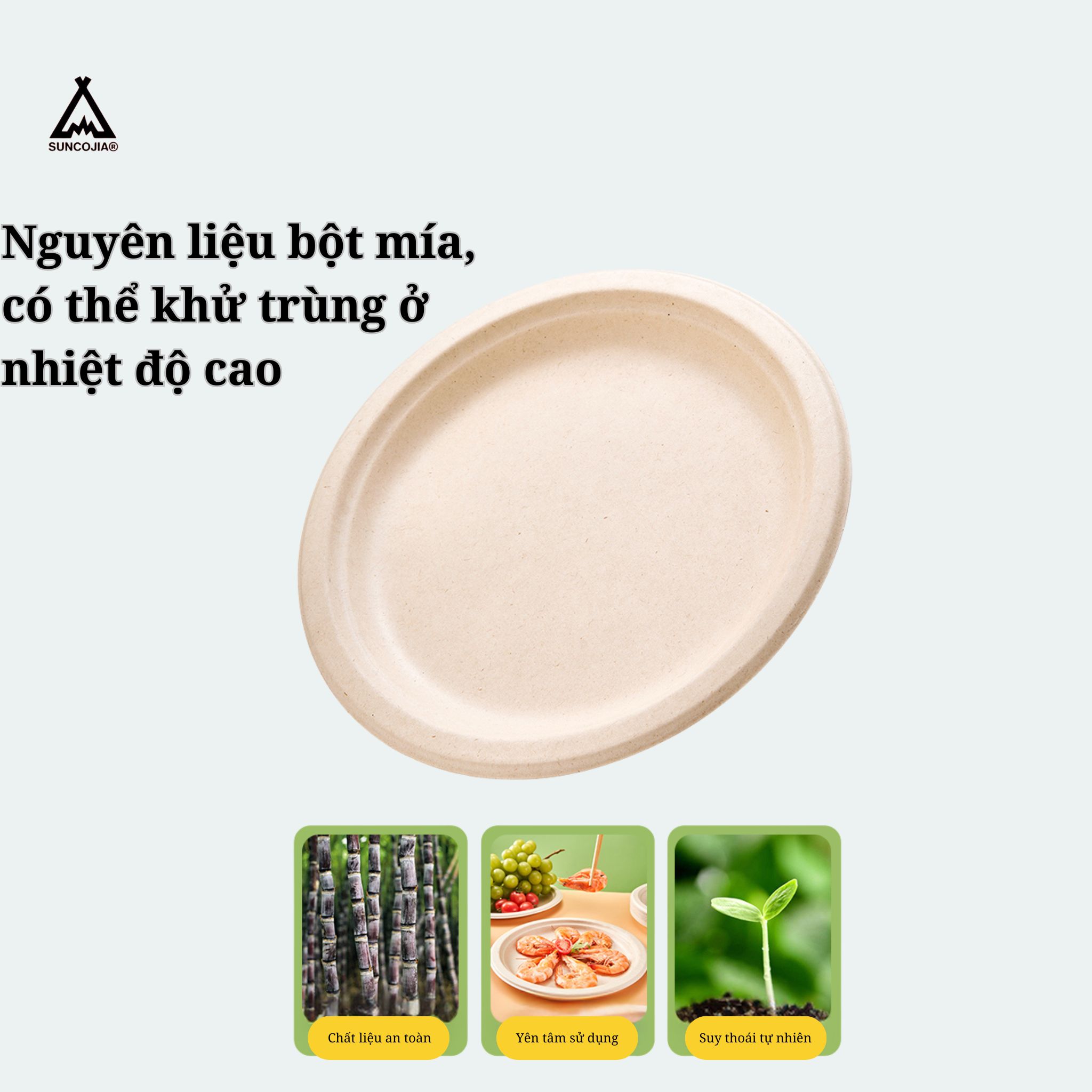 Đĩa giấy dựng đồ ăn dùng một lần Suncojia, tự phân huỷ sinh học, chống thấm nước và dầu