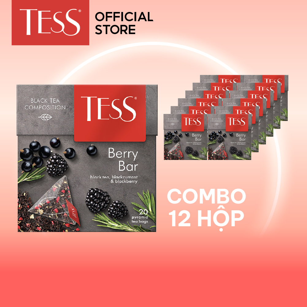 Combo 12 hộp Trà đen Tess Berry Bar vị mâm xôi đen và quả lý chua 20 gói/hộp