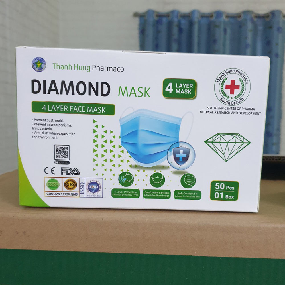 Khẩu trang y tế 4 lớp vải kháng khuẩn DIAMOND MASK hộp 50 cái màu xanh tiêu chuẩn ISO, CE, FDA xuất khẩu Châu Âu - Mỹ