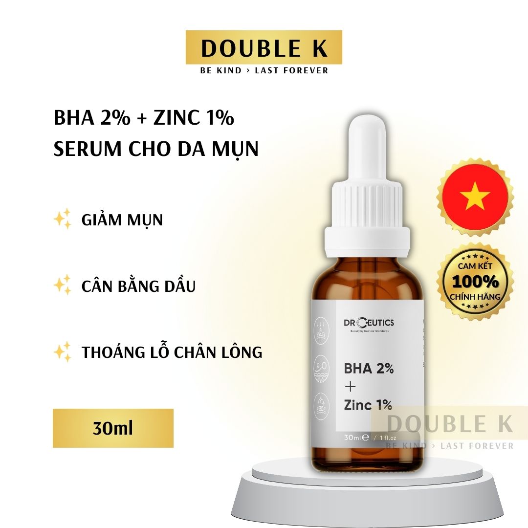 Serum Mụn DrCeutics BHA 2% + ZinC 1% - Cải Thiện Tình Trạng Mụn, Cân Bằng Dầu Nhờn, Thoáng Lỗ Chân Lông - Double K