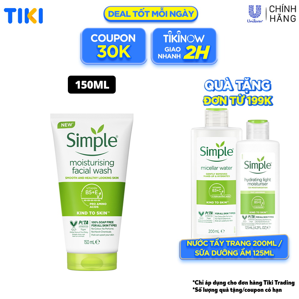 Sữa rửa mặt Simple giúp cấp ẩm, da trông khỏe và mịn màng - cho da khô nhạy cảm 150ml [CHÍNH HÃNG ĐỘC QUYỀN] [MỚI]