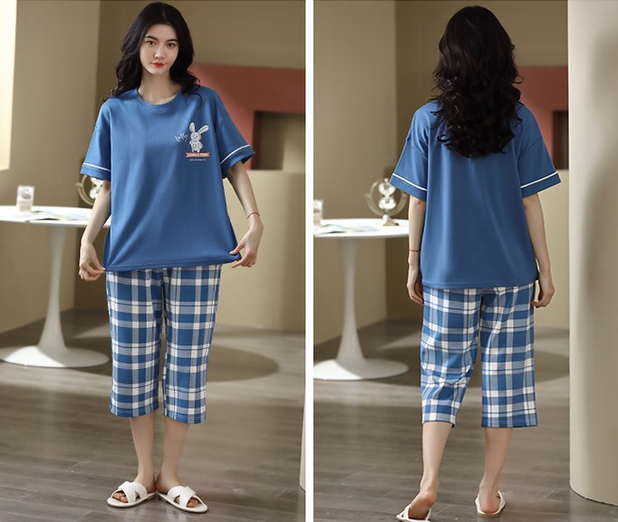 Đồ bộ mặc nhà cotton nữ tay ngắn quần lửng hình thỏ xanh nữ dễ thương 574
