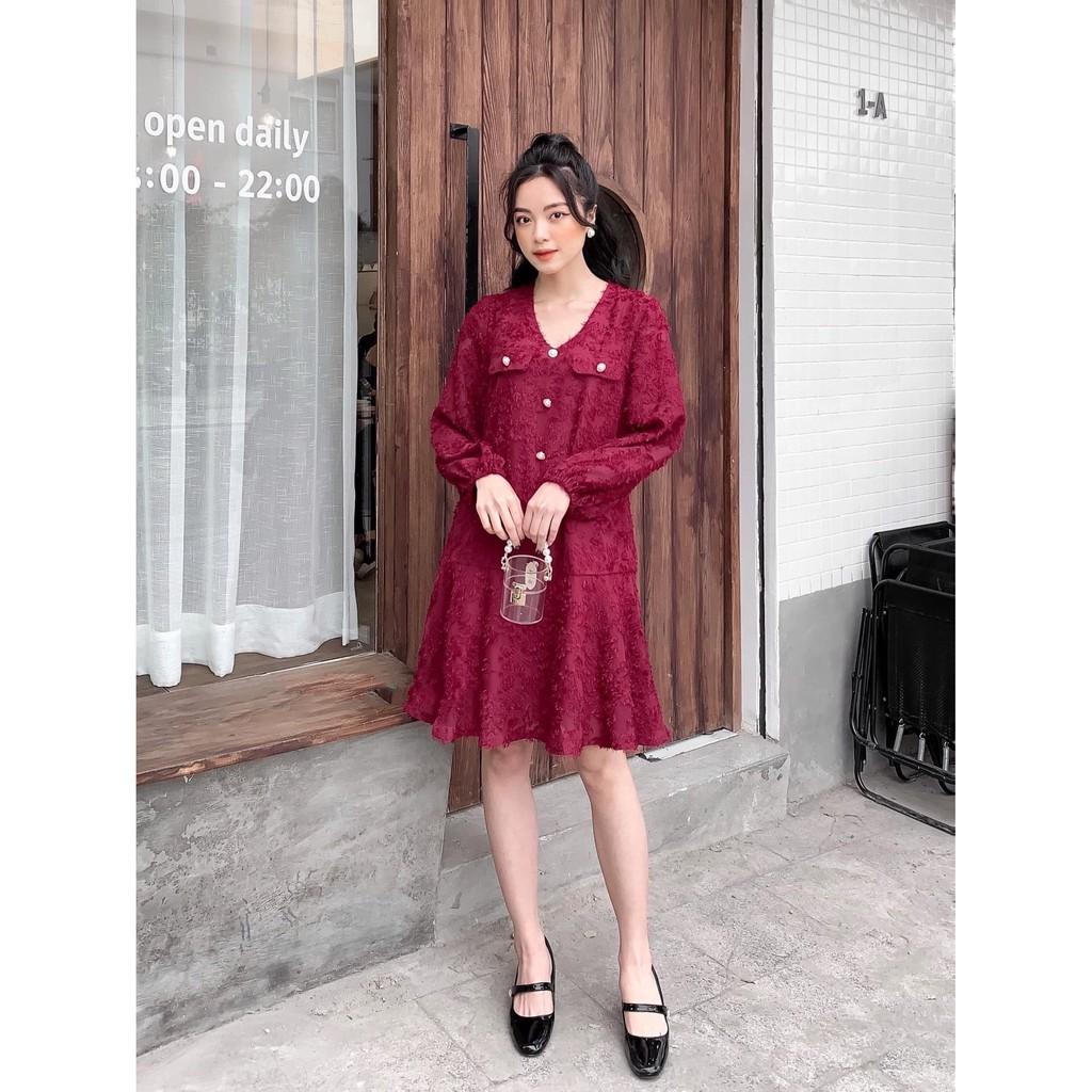 Váy suông voan 2 lớp phủ lông, cổ V, túi nắp, đầm xuông rộng đuôi cá, tay dài bo phồng 2 màu mã V88 - Michi's House