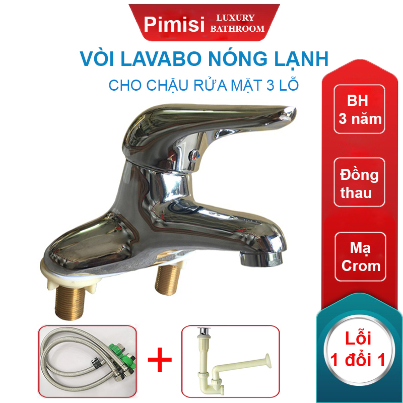 Vòi lavabo nóng lạnh Pimisi cho chậu rửa mặt 3 lỗ (2 chân) bằng đồng thau - mạ crom, niken sáng bóng dùng trong nhà tắm - điều chỉnh nước bằng gật gù nóng lạnh gắn trên bồn chậu rửa mặt treo tường đầy đủ phụ kiện xi phông và dây cấp nước | Hàng chính hãng