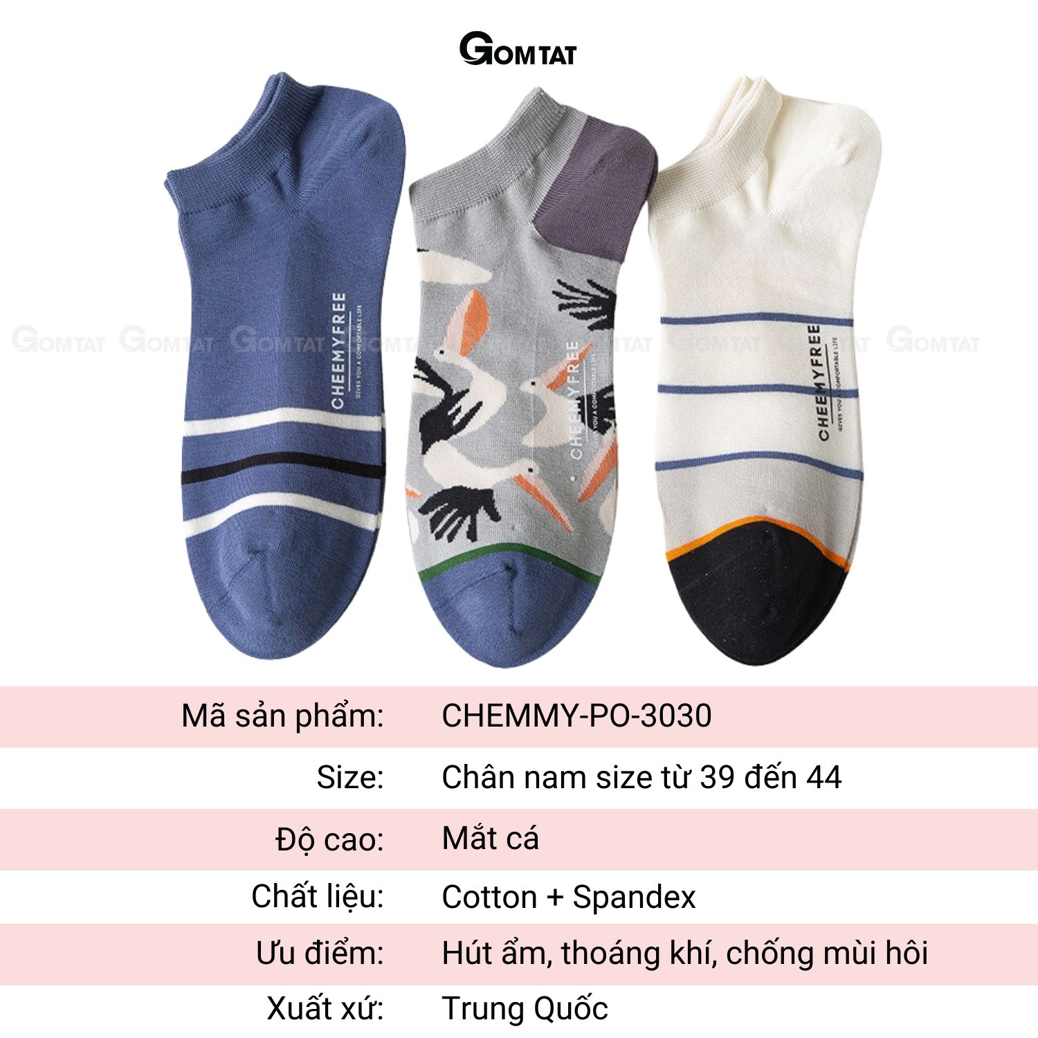 Set 3 đôi tất vớ nam cổ ngắn GOMTAT cao cấp, chất liệu cotton kháng khuẩn cực tốt khử mùi hôi chân - CHEMMY-PO-3030-CB3