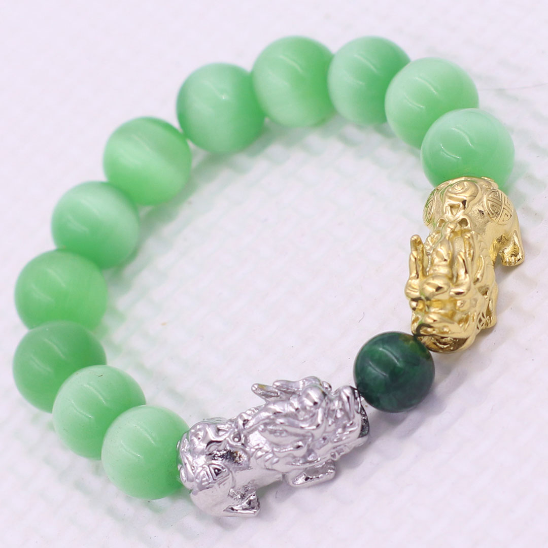 Vòng chuỗi đeo tay đá mắt mèo xanh lá 12 ly charm tỳ hưu đôi inox trắng và vàng, vòng chuỗi phong thủy, charm tỳ hưu, vòng tay hạt chuỗi
