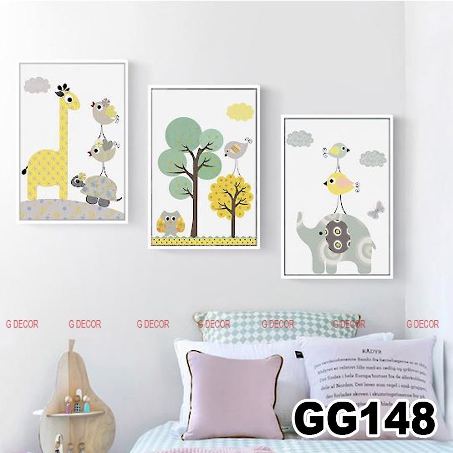 Tranh treo tường canvas 3 bức phong cách hiện đại Bắc Âu 147, tranh ainime trang trí phòng bé, phòng khách, phòng ngủ