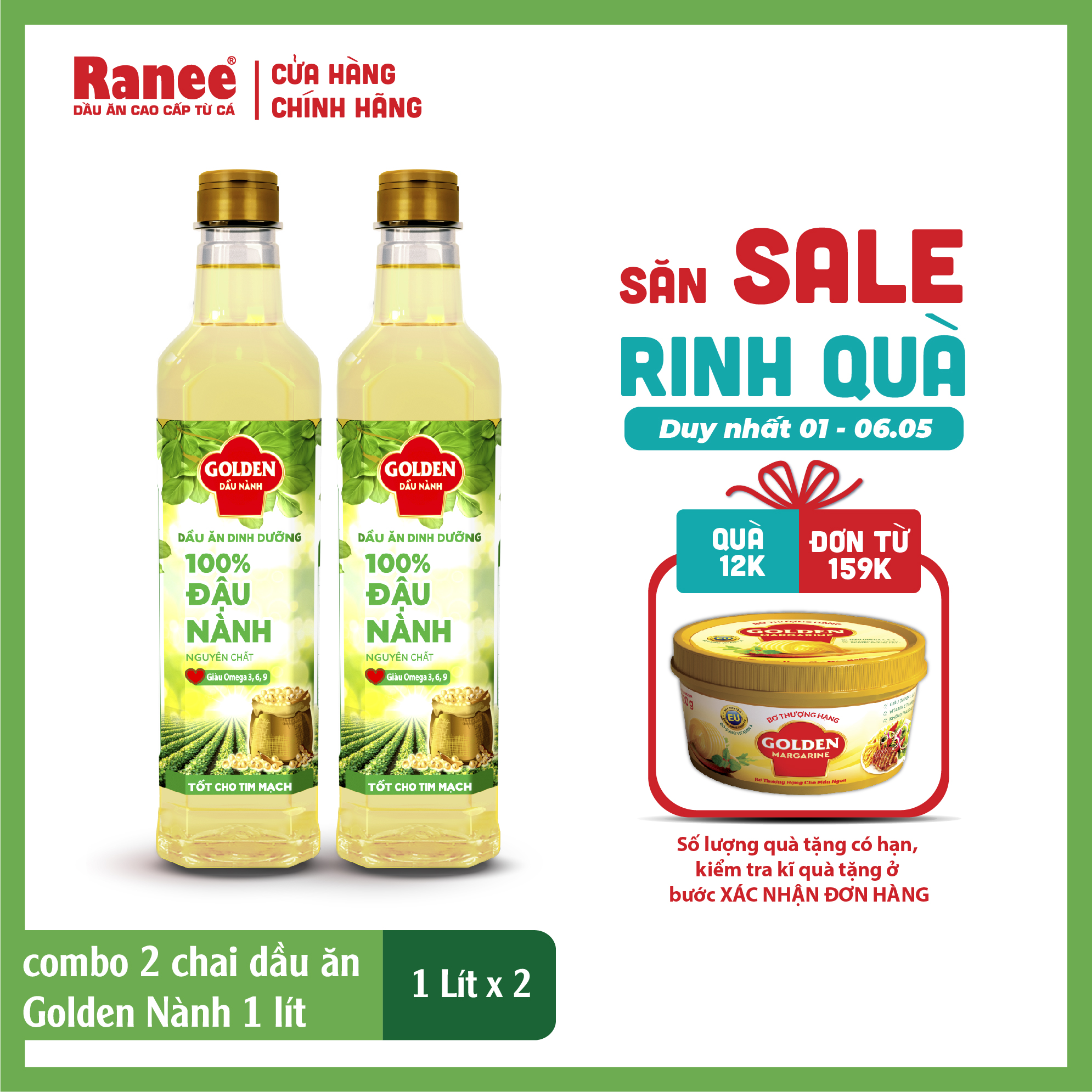 Combo 2 chai Dầu Đậu Nành cao cấp Golden 1 lít (1 lít/chai x 2 chai)