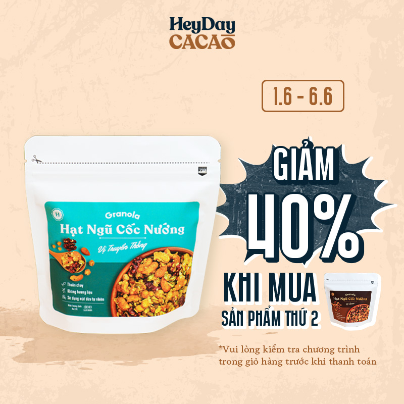 Granola nướng giòn tan - Vị truyền thống túi 400g - Dùng mật dừa nước, 0 trái cây sấy, GI thấp - Hạt ngũ cốc giảm cân - HeydayCacao