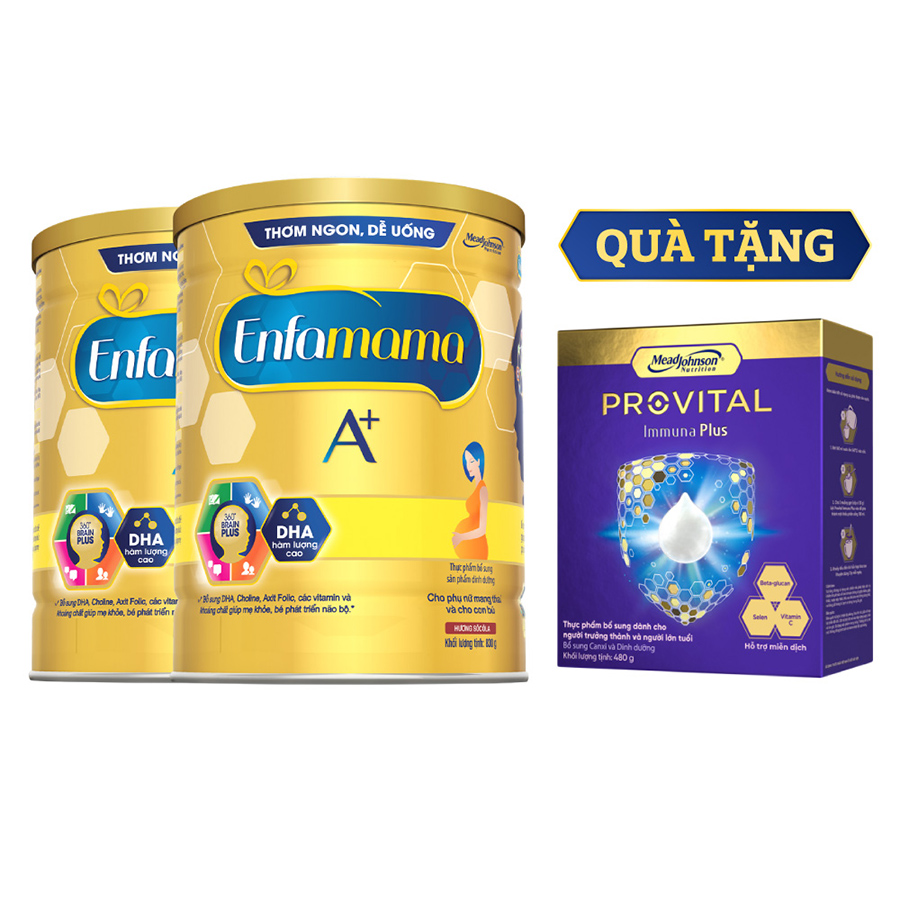 Bộ 2 lon Sữa bầu Enfamama 360° Brain Plus cho mẹ mang thai và cho con bú - Vị Chocolate - 830g - Tặng 1 hộp Provital 480g