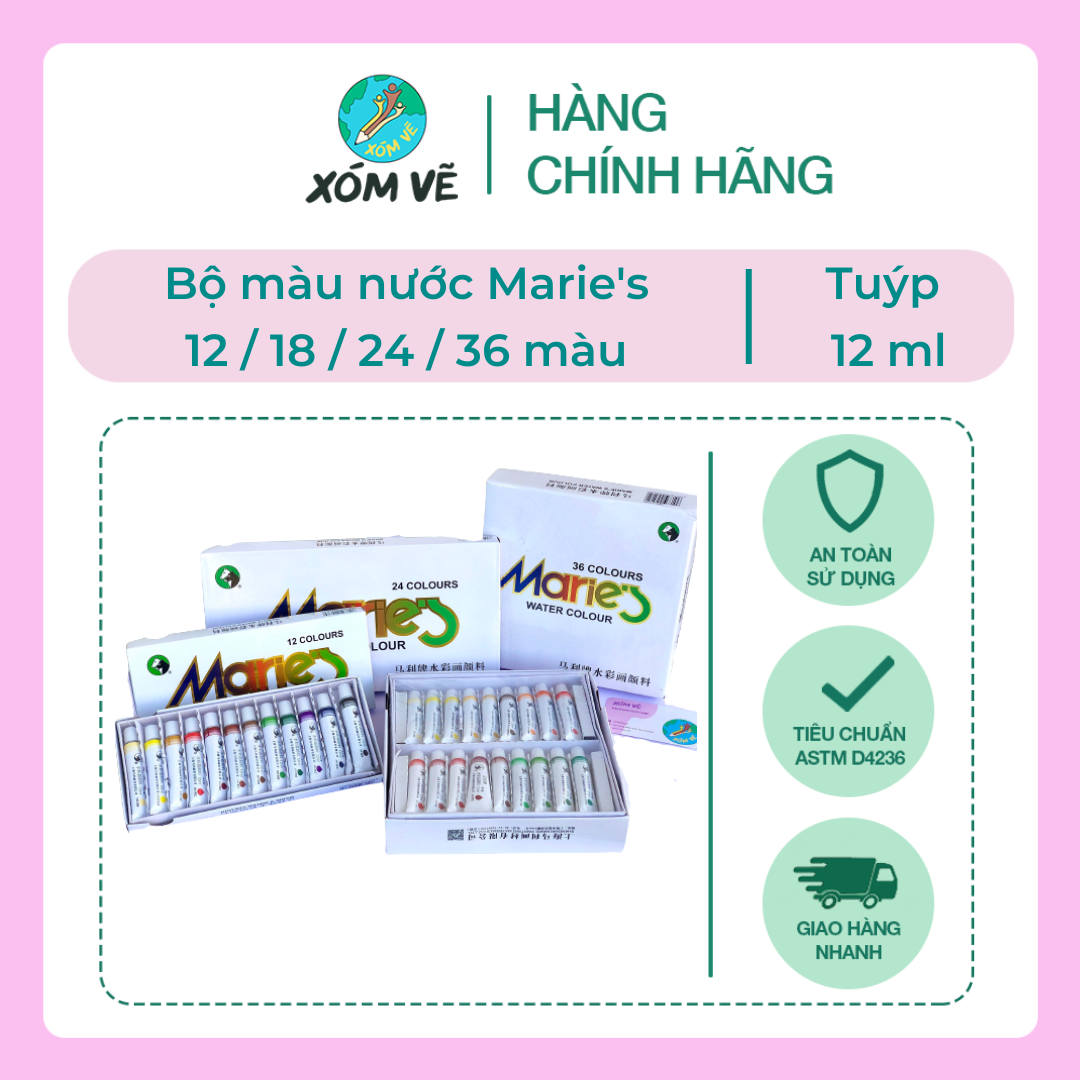 Màu nước bộ 12/18/24/36 màu, dạng tuýp 12ml - nhãn Marie's