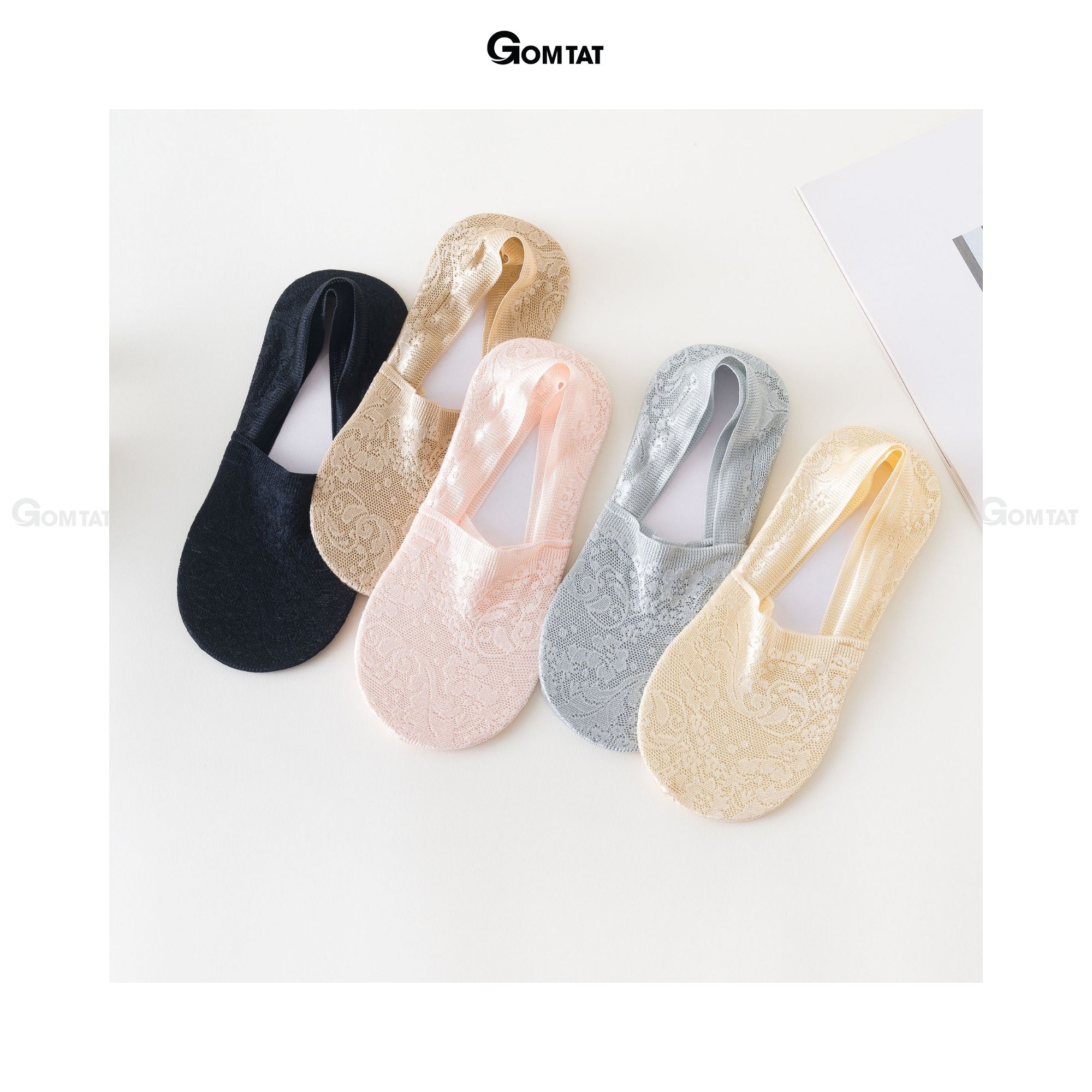 Tất nữ đi giày búp bê có bo thun chống tuột gót, vớ lười nữ chất liệu lụa phối ren cao cấp - LUAREN-PO-3028-1DOI
