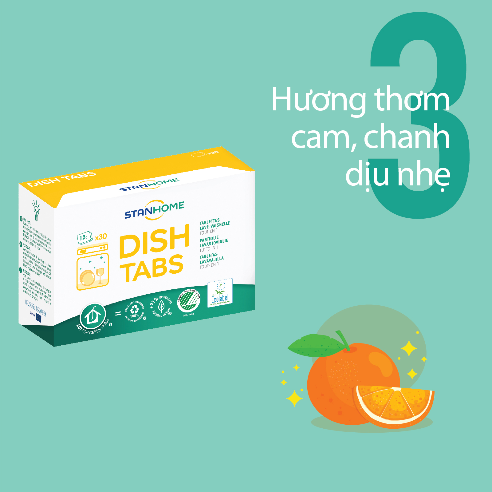 Viên rửa bát cho máy Stanhome Dish Tabs All in one tiêu chuẩn Ecolabel Châu Âu và Ecolabel Bắc Âu - Hộp 30 viên – 12g/viên