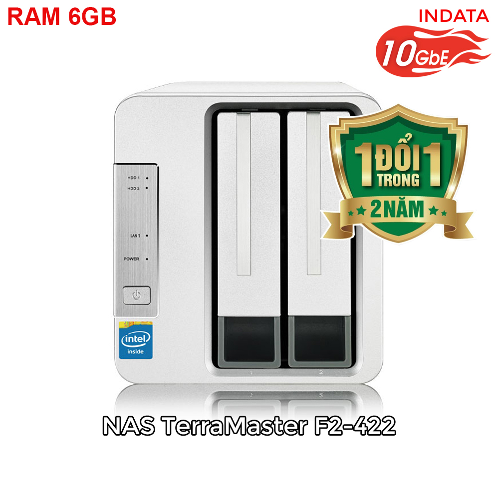 Bộ lưu trữ mạng NAS TerraMaster F2-422, LAN 10Gbps, Intel Quad-Core 1.5GHz, 6GB RAM, 651MB/s, 2 khay ổ cứng RAID 0,1,JBOD,Single - Hàng chính hãng