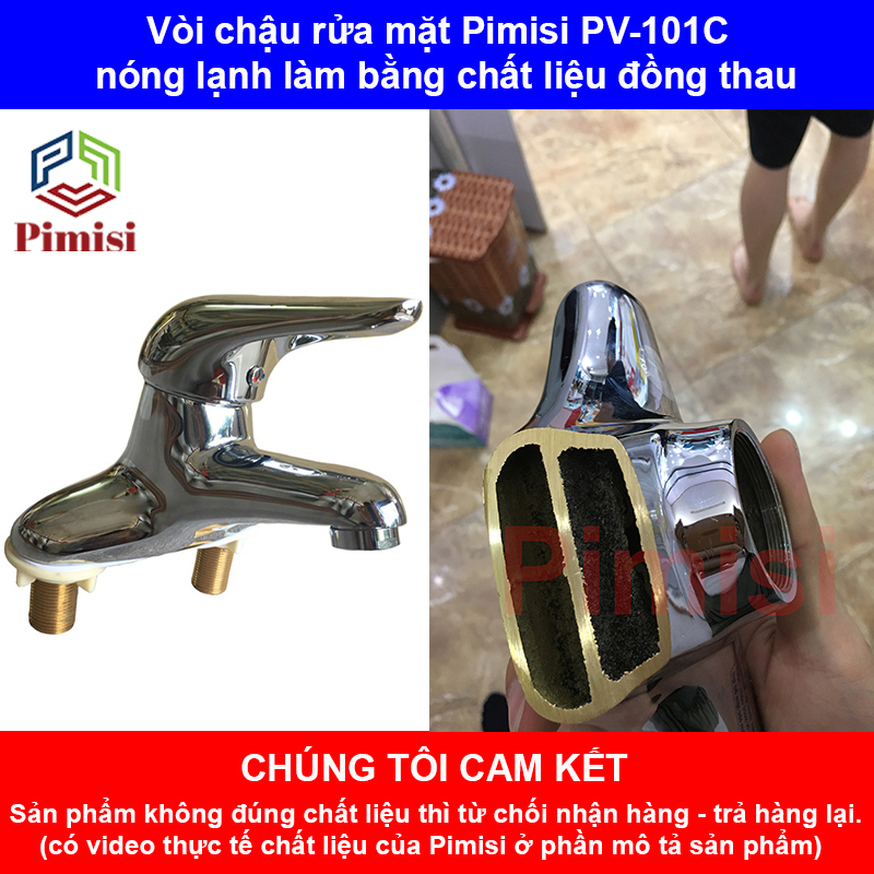 Vòi lavabo nóng lạnh Pimisi cho chậu rửa mặt 3 lỗ (2 chân) bằng đồng thau - mạ crom, niken sáng bóng dùng trong nhà tắm - điều chỉnh nước bằng gật gù nóng lạnh gắn trên bồn chậu rửa mặt treo tường đầy đủ phụ kiện xi phông và dây cấp nước | Hàng chính hãng