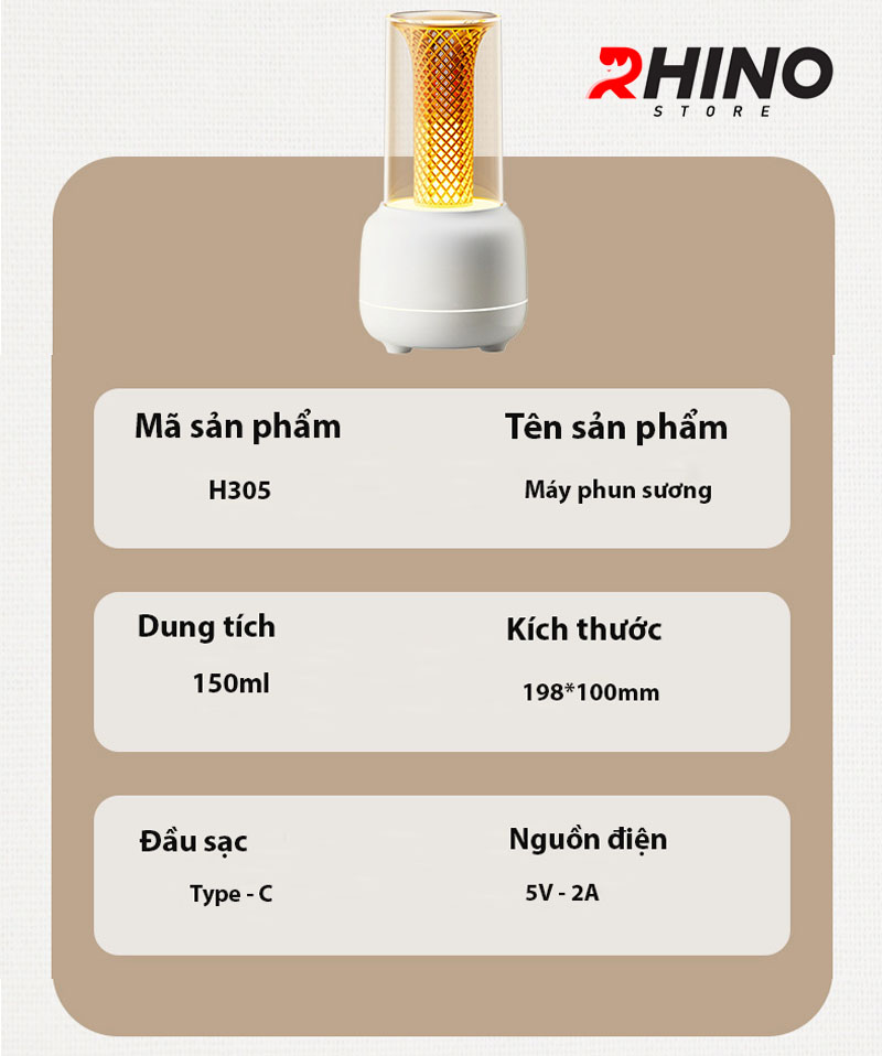 Máy phun sương tạo độ ẩm mini Rhino H305 tự ngắt khi hết nước kèm đèn hàng chính hãng