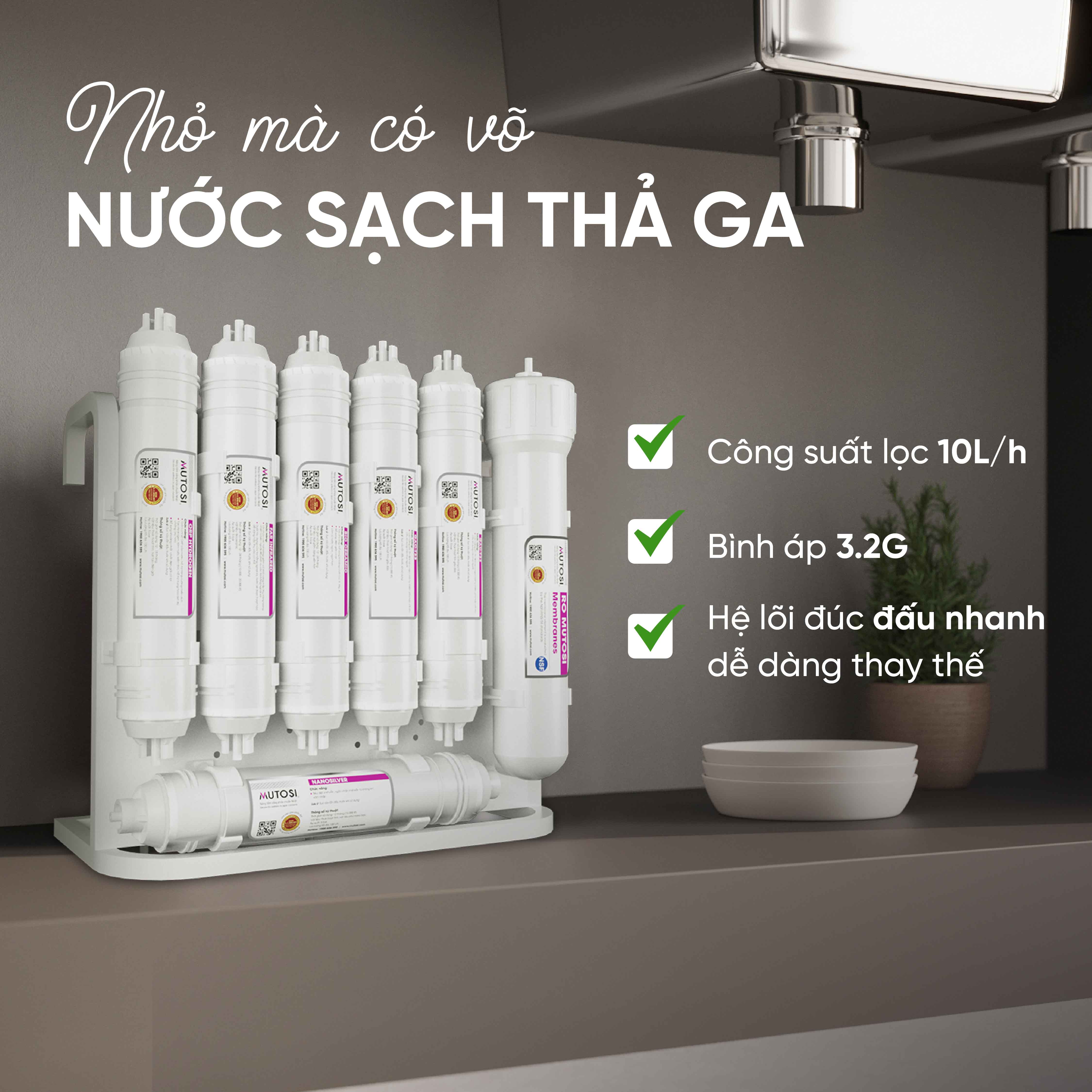 [Miễn phí vận chuyển &amp; lắp đặt] Máy lọc nước để gầm 10 lõi lọc, nhỏ gọn bề ngang chỉ 18cm. Hàng chính hãng Mutosi MP-U1368