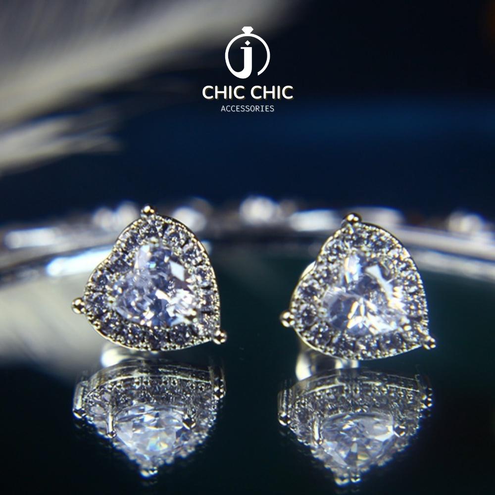 Bông Tai Nữ Bạc Cá Tính Hình Trái Tim Đính Đá Zircon Siêu Lấp Lánh Cao Cấp | Bông Tai Chic Chic A78