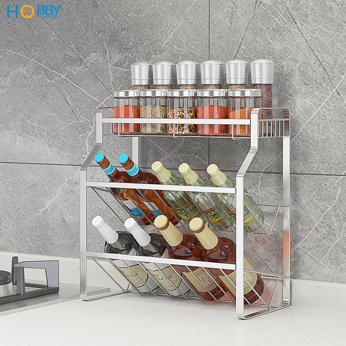 Kệ để gia vị chai lọ nhà bếp 3 tầng inox 304 Hobby home decor GV4
